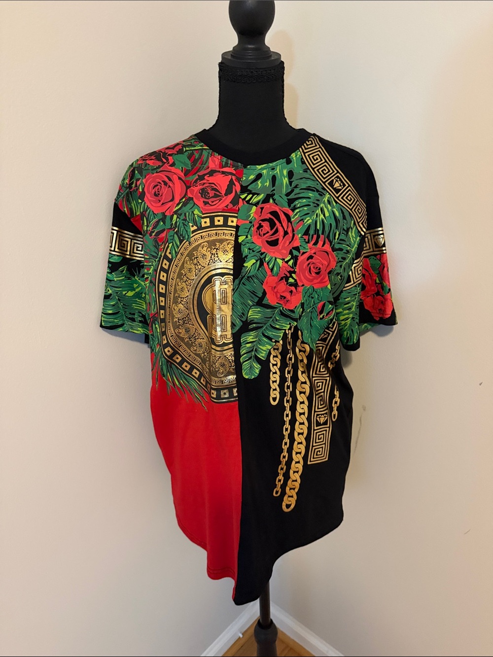 Floral & Medallion Graphic Tee in Red, Black, Green & Gold